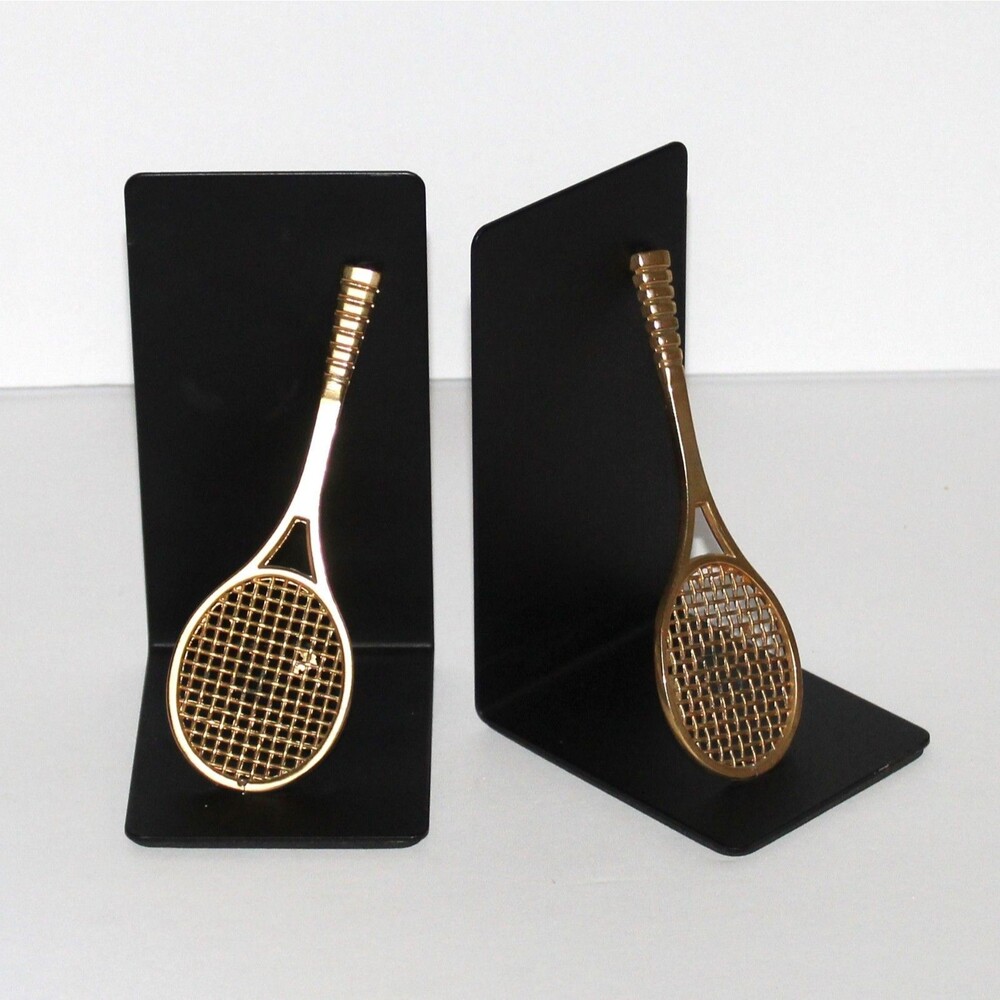 Vintage Tennis Bookends pair metal brass gold black decor 1980s
